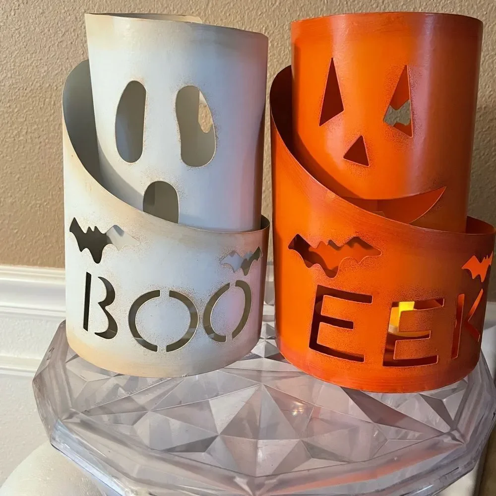 Glitzhome Set of 2 Pumpkin and Ghost Boo and Eek Metal Candle Holders